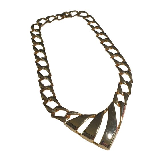 Gold Tone Fashion Necklace Abstract Panel Retro Link Chain Clasp Closure Gift - Picture 1 of 5